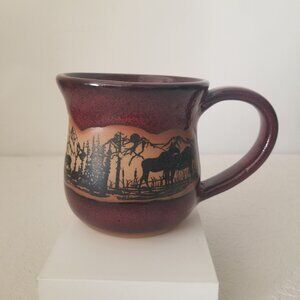 Always Azul Pottery Handmade Glazed Clay Moose Mountainscape Coffee Mug Cup 14oz